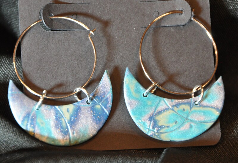 Mokume Gane Polymer Clay Crescent Earrings -- Blue
